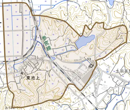 東池上とその周辺の地図。町の範囲を重ねている