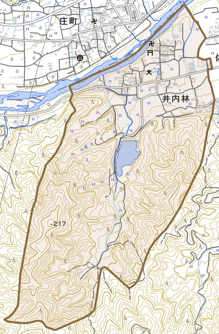 井内林とその周辺の地図。町の範囲を重ねている