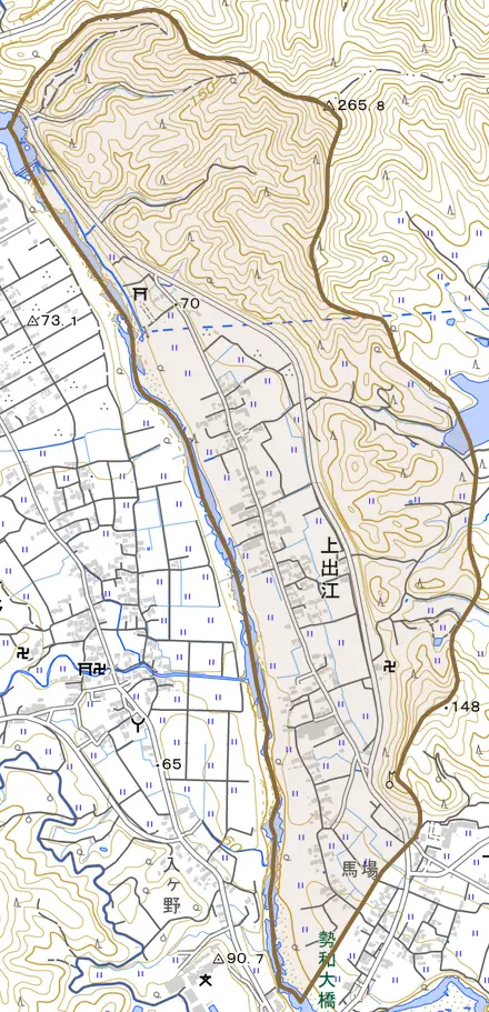 上出江とその周辺の地図。町の範囲を重ねている
