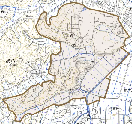 笠木とその周辺の地図。町の範囲を重ねている
