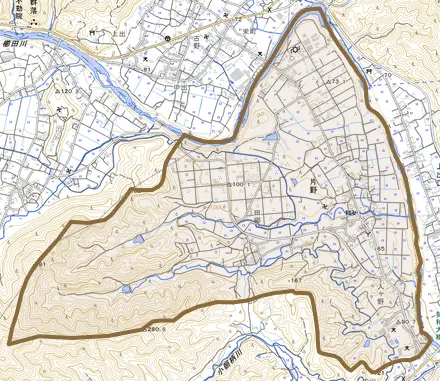 片野とその周辺の地図。町の範囲を重ねている