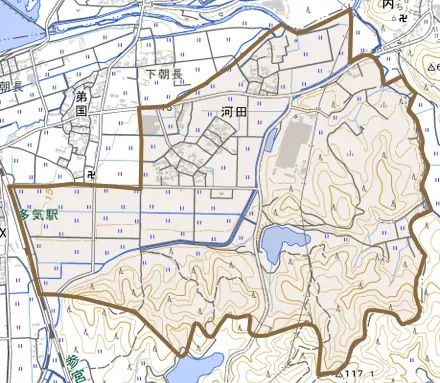 河田とその周辺の地図。町の範囲を重ねている