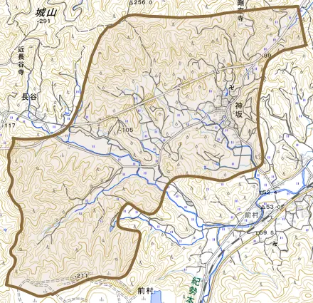 神坂とその周辺の地図。町の範囲を重ねている