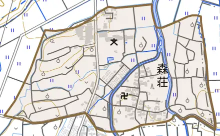 森荘とその周辺の地図。町の範囲を重ねている