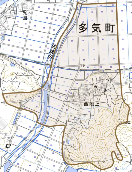 西池上とその周辺の地図。町の範囲を重ねている