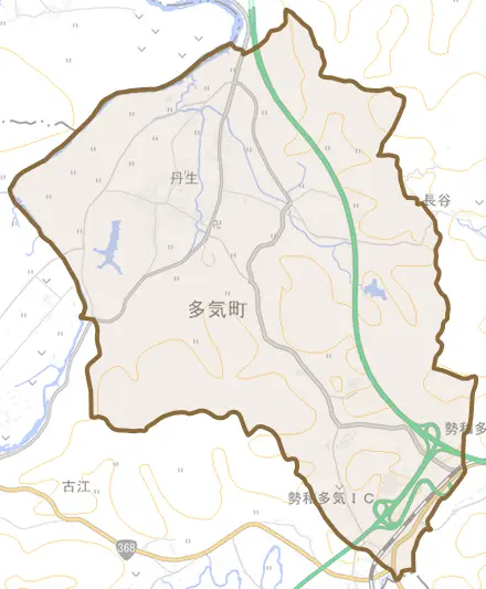 丹生とその周辺の地図。町の範囲を重ねている