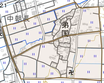 弟国とその周辺の地図。町の範囲を重ねている