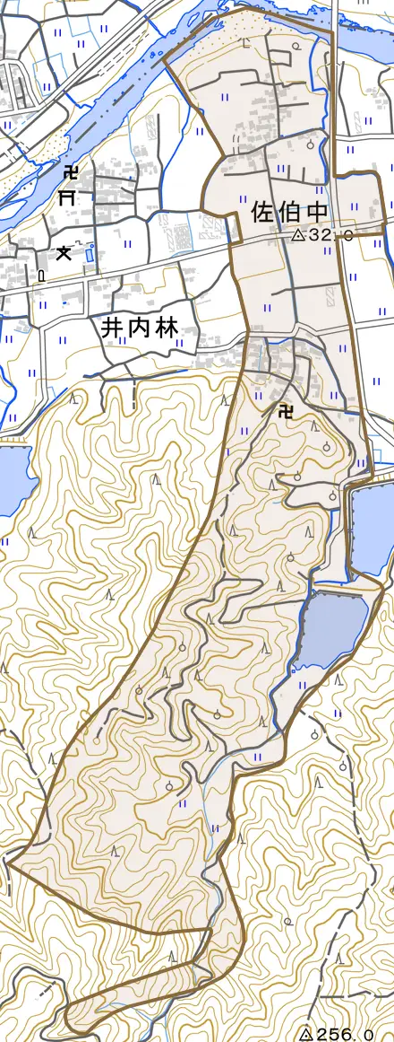 佐伯中とその周辺の地図。町の範囲を重ねている