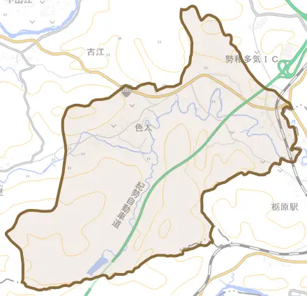 色太とその周辺の地図。町の範囲を重ねている