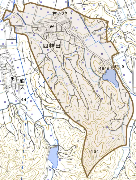 四神田とその周辺の地図。町の範囲を重ねている