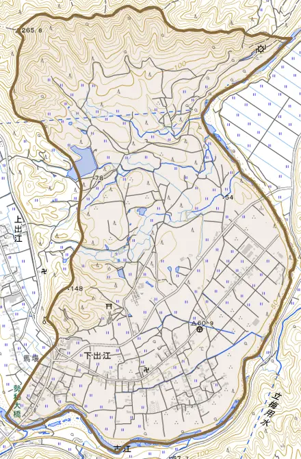 下出江とその周辺の地図。町の範囲を重ねている