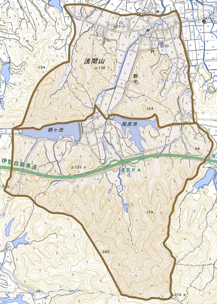 野中とその周辺の地図。町の範囲を重ねている