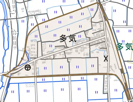 多気とその周辺の地図。町の範囲を重ねている