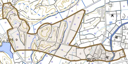 田中とその周辺の地図。町の範囲を重ねている