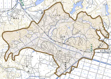 土羽とその周辺の地図。町の範囲を重ねている