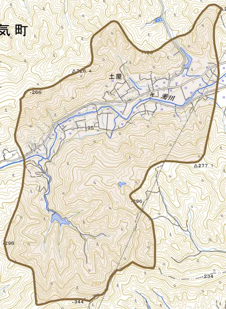 土屋とその周辺の地図。町の範囲を重ねている