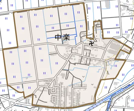 中楽とその周辺の地図。町の範囲を重ねている