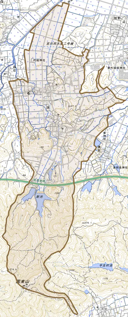 原とその周辺の地図。町の範囲を重ねている