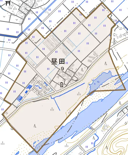 昼田とその周辺の地図。町の範囲を重ねている