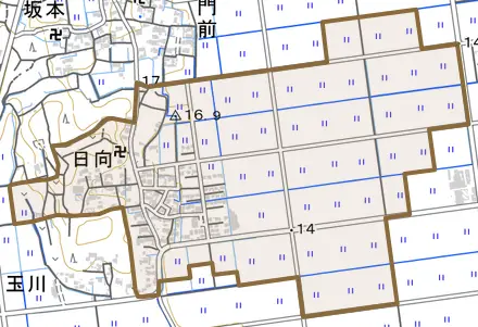 日向とその周辺の地図。町の範囲を重ねている