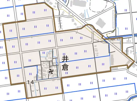 井倉とその周辺の地図。町の範囲を重ねている