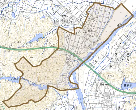 岩出とその周辺の地図。町の範囲を重ねている
