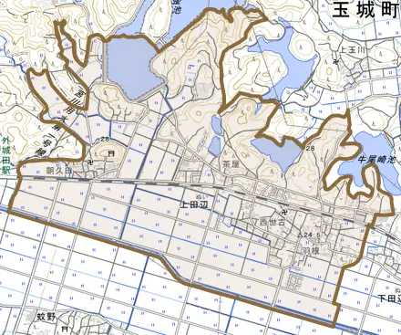 上田辺とその周辺の地図。町の範囲を重ねている