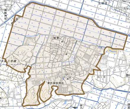 蚊野とその周辺の地図。町の範囲を重ねている