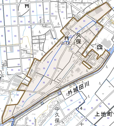 久保とその周辺の地図。町の範囲を重ねている