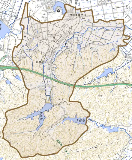宮古とその周辺の地図。町の範囲を重ねている