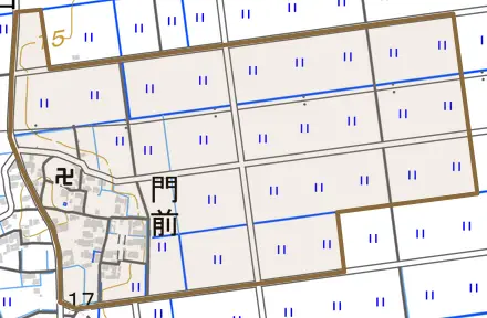 門前とその周辺の地図。町の範囲を重ねている