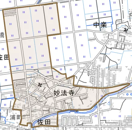 妙法寺とその周辺の地図。町の範囲を重ねている