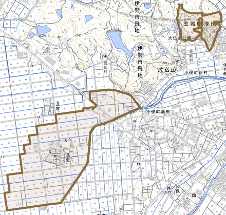 長更とその周辺の地図。町の範囲を重ねている