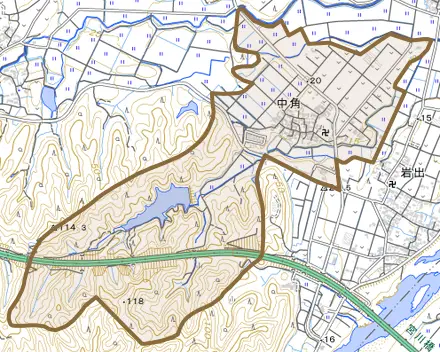 中角とその周辺の地図。町の範囲を重ねている
