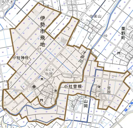 小社曽根とその周辺の地図。町の範囲を重ねている