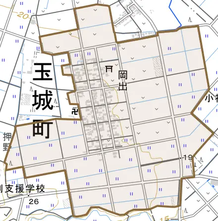 岡出とその周辺の地図。町の範囲を重ねている