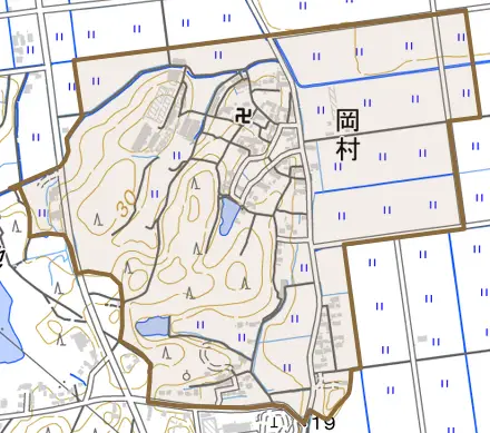 岡村とその周辺の地図。町の範囲を重ねている
