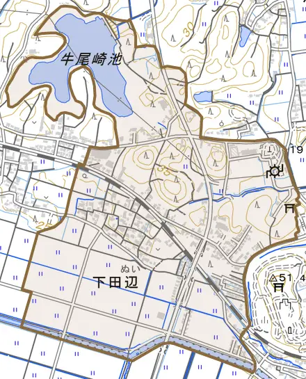 下田辺とその周辺の地図。町の範囲を重ねている