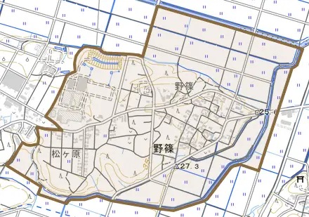 野篠とその周辺の地図。町の範囲を重ねている