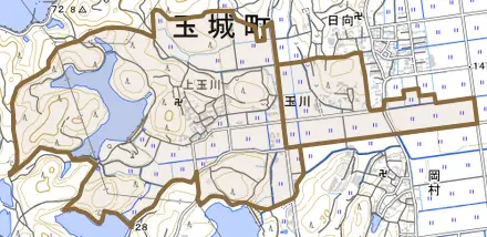 玉川とその周辺の地図。町の範囲を重ねている