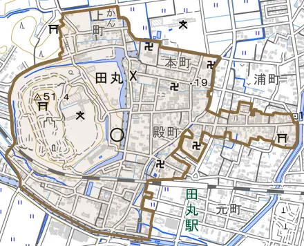 田丸とその周辺の地図。町の範囲を重ねている