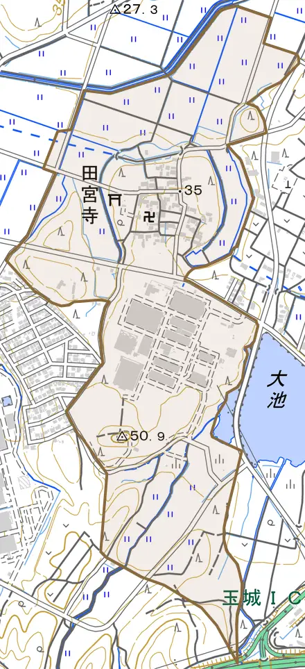 田宮寺とその周辺の地図。町の範囲を重ねている