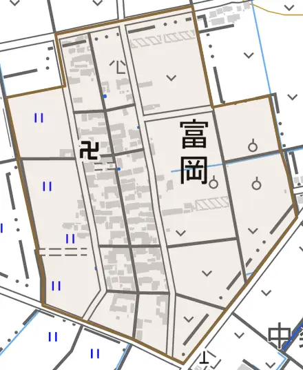 冨岡とその周辺の地図。町の範囲を重ねている