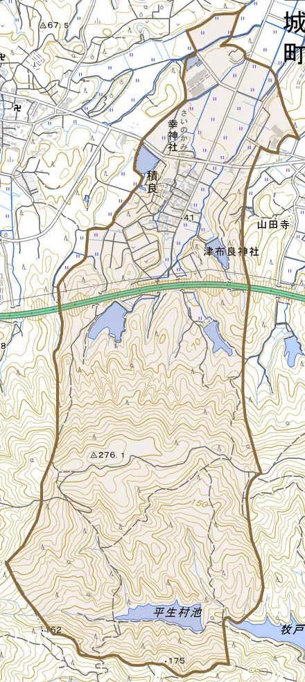 積良とその周辺の地図。町の範囲を重ねている