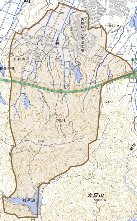 山神とその周辺の地図。町の範囲を重ねている