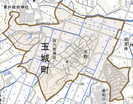 矢野とその周辺の地図。町の範囲を重ねている