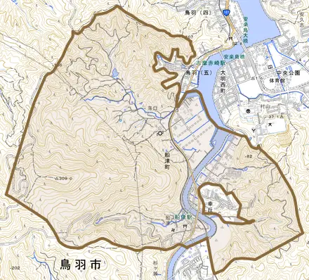 船津町とその周辺の地図。町の範囲を重ねている