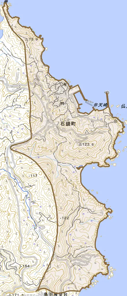 石鏡町とその周辺の地図。町の範囲を重ねている