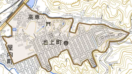 池上町とその周辺の地図。町の範囲を重ねている