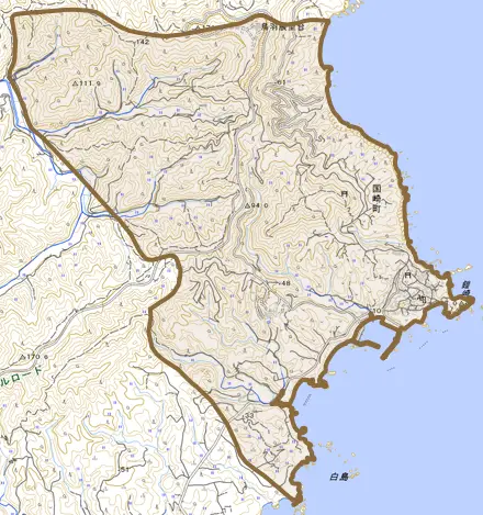 国崎町とその周辺の地図。町の範囲を重ねている
